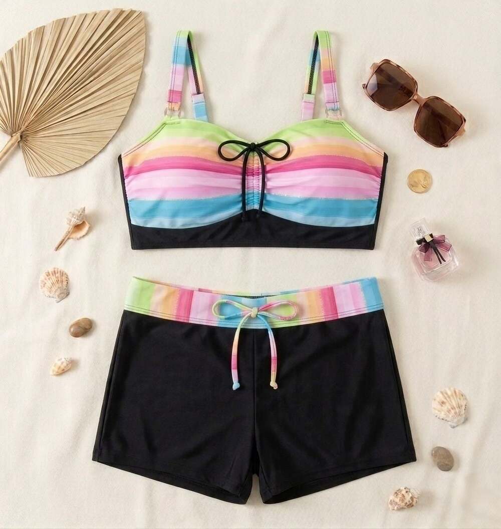 Women's Plus Size 2XL Multi-Colored Striped Swimsuit with Boy Shorts